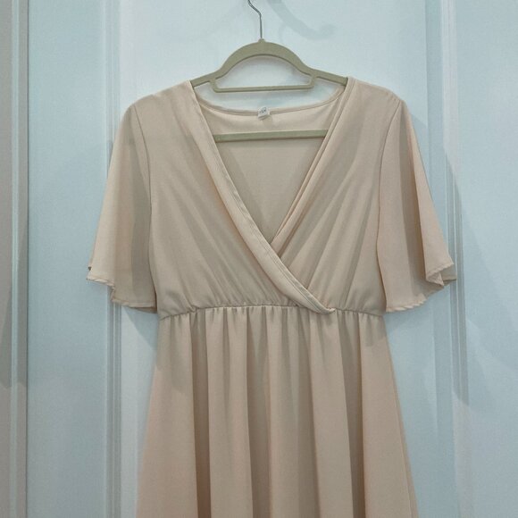 PinkBlush Beige Chiffon Bell Sleeve Maxi Dress Size Small - Picture 2 of 11